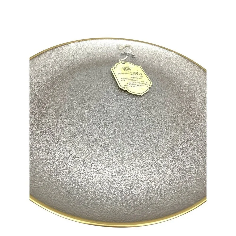 Turkish Glass 5 Charger Plates Set Platinum Gold Textured Gold Rim 13